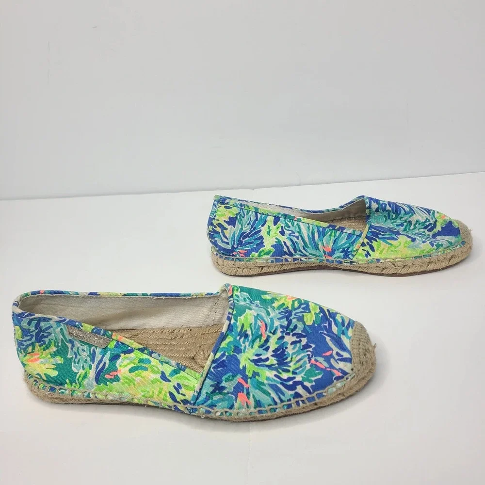 LILLY PULITZER Lia Espadrille Flats Wade and Sea Blue Green Floral Slip On Sz 9
